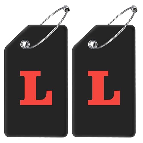 Gostwo 2 Pack Silicone Luggage Tags for Suitcases, 26 Initial Letter Baggage Labels Handbag School Bag Suitcase Instrument Tag with Stainless Steel Loop(Black & White) (Letter L) - color: Black & White, size: L