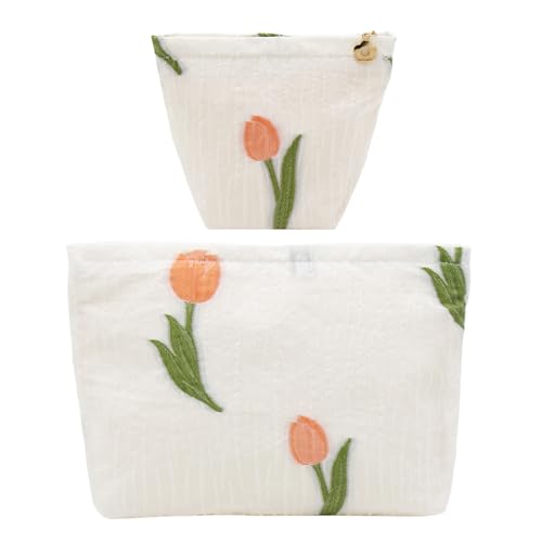 getgto 2 Pcs Makeup Bags, Large Cosmetic Bag Travel Toiletry Bag Organizer for Women, Embroidery Craft, Floral Makeup Bag Small Cosmetic Pouch Purse with Zipper Gifts for Girls Teen - color: Tulip