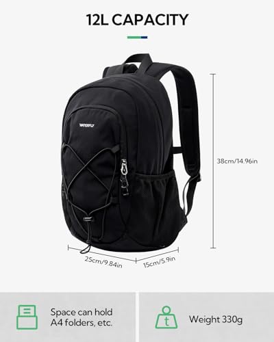 WATERFLY 12L Small Hiking Backpack: Day Pack Lightweight Travel Bag Camping Fitness Cycling Outdoor Sports Daypack For Women Men Teenager - color: Black