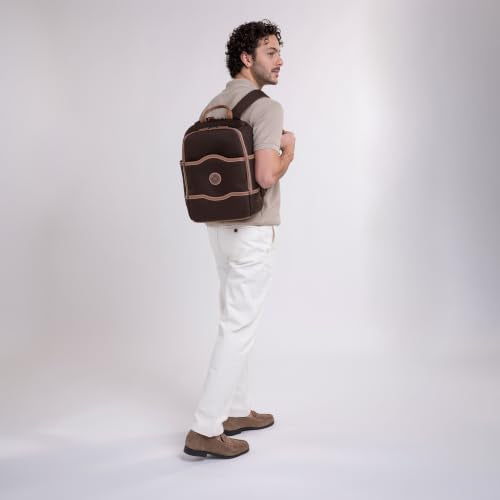 DELSEY PARIS Chatelet Air 2.0 Travel Laptop Backpack, Fits 14 Inch Laptop, Water-Repellent Recycled Fabric, Vegan Leather Trim, Trolley Sleeve, Chocolate Brown - color: Brown