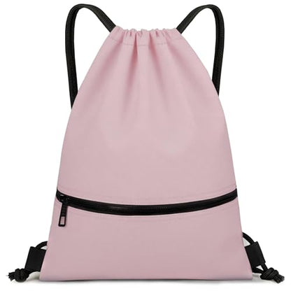 Water-Resistant String Bag for Women Men with Shoes Compartment and Zippered Pocket for Soccer, Basketball, Swim (Pink, 16.5 * 19 inches) - color: Pink
