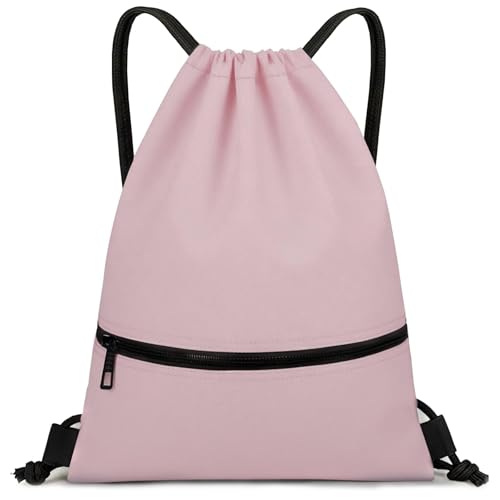 Water-Resistant String Bag for Women Men with Shoes Compartment and Zippered Pocket for Soccer, Basketball, Swim (Pink, 16.5 * 19 inches) - color: Pink