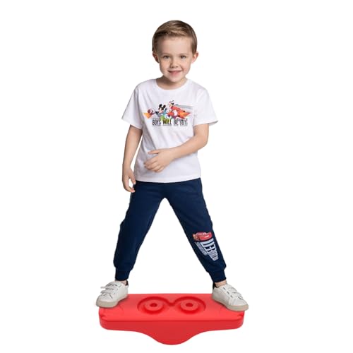 Kids Rocking Seesaw Balance Board with 5 Wooden Balls Sensory Training Rocking Board Balance Training Equipment Children Indoor Outdoor Activity Toy - color: Red