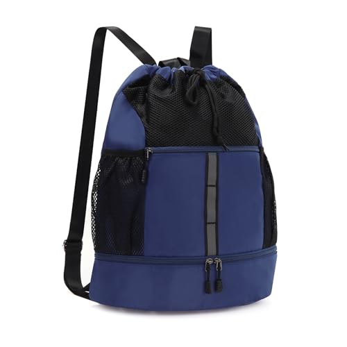 Valleycomfy Drawstring Gym Bag Sports Backpack With Shoe Compartment and Reflective Strips Dark Blue - color: Dark Blue