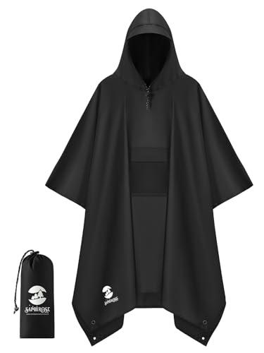 SaphiRose Extra Thick Hooded Rain Poncho Double Layer Waterproof Raincoat Jacket for Men Women Adults - color: Black