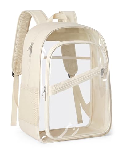 KIMNERPU Clear Backpack, Fabric & PVC Transparent Bookbag with Padded Straps for Women Men, Large Capacity 4-Layers See Through Heavy Duty Back Pack for Work Travel Concert Festival Security L (Beige) - color: Beige, size: Large(17.5"H)