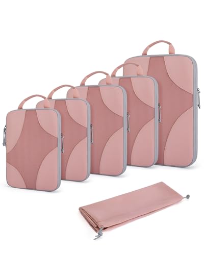 BAGSMART Compression Packing Cubes for Travel, 6 Set/14 Set Compressible Luggage Organizer for Cruise Ship, Lightweight Travel Essentials (1L+2M+2S+Shoe bag+Drawstring bag+Toiletry bag+6Plastic bags) - color: Clay Pink, size: 6 Set