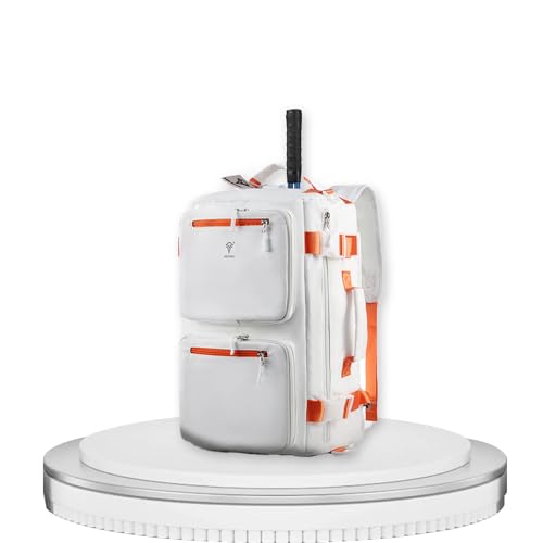 Tennis, Pickleball & Badminton Backpack – For men & women, fits multiple rackets with separate shoe compartment. Wear as backpack or shoulder bag. - color: White/Orange