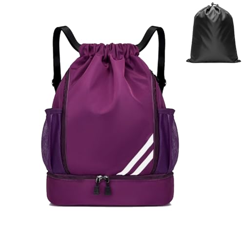 Soccer Backpack with Shoe Compartment - Water Resistant Gym Bag for Basketball, Volleyball and Football - Includes Extra 210D Oxford Storage Bag - Large Sports Cinch Sack for Men, Women and Youth - color: Deep Purple