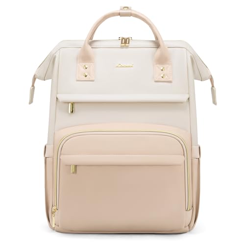 LOVEVOOK Leather Backpack for Women,18 inch Leather Laptop Backpack Women,Professional Work Backpack Nurse College Teacher Bag,Womens Laptop Tote Bag Computer Travel Backpack Purse,Beige-Flesh Beige - color: Beige - Flesh Beige, size: 18 Inch