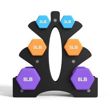 Portzon Weights Dumbbells Set 3, 5, 8, and 10 Pound Neoprene Dumbbell Free Hand Weight Set with Rack, Ideal for Home Exercises, 32 LB, Anti-Slip, Anti-roll, Hex Shape - color: Blue+Orange+Black