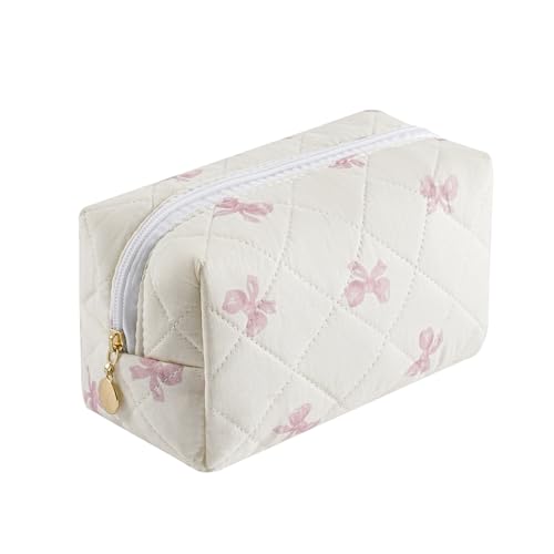 Cute Floral Makeup Bag Small Cotton Quilted Cosmetic Bag, Aesthetic Essential Bag Emergency Bag Gift for Women Girls Travel Accessories (Pink Small Bowknot) - color: A3 Pink Small Bowknot