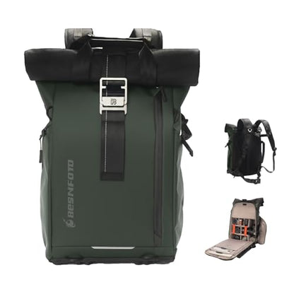 Besnfoto Camera Backpack, Waterproof Travel Camera Bag for Photographer Expandable Roll Top Photography Case for DSLR SLR Mirrorless Camera Fit up to 15.6 inch Laptop with Rain Cover - color: Green Ii