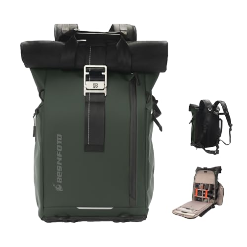 Besnfoto Camera Backpack, Waterproof Travel Camera Bag for Photographer Expandable Roll Top Photography Case for DSLR SLR Mirrorless Camera Fit up to 15.6 inch Laptop with Rain Cover - color: Green Ii