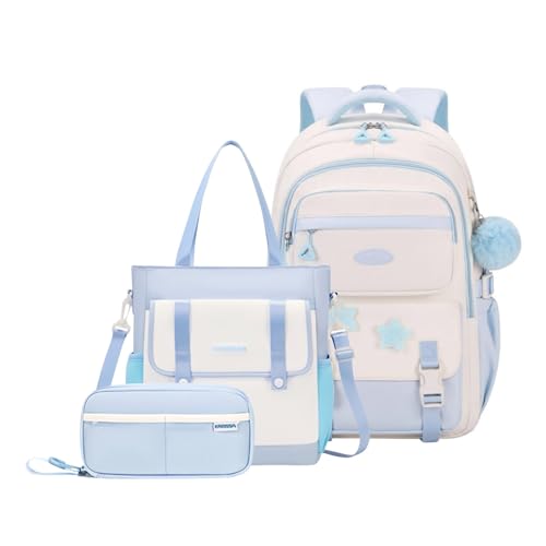 3Pcs Backpack for Girls with Tote Bag, School Bags Bookbag for Teen Girls Backpack with Star Pins and Furry Pendant, A08-3Pcs Blue - color: A08-3pcs Blue