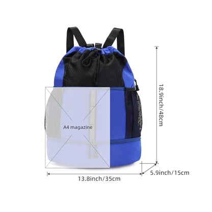 Valleycomfy Drawstring Gym Bag Sports Backpack With Shoe Compartment and Reflective Strips Royal Blue - color: Royal Blue