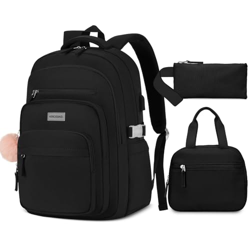 KROSIAS Student Laptop Backpack for College Teen Girls: Middle High School Aesthetic Bookbag Large 15.6 Inch Laptop Bag Travel Back Pack for Women Black 3PCS Set - color: 8-black 3 Pcs, size: 15.6 Inch