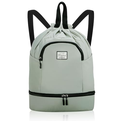 Kamo Drawstring Backpack Bag - Sport Swimming Yoga Backpack with Shoe Compartment, Two Water Bottle Holder for Men Women Large String Backpack Athletic Sackpack for Travel - color: Reseda