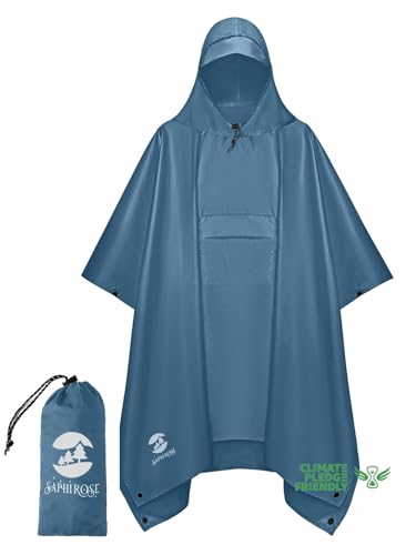 SaphiRose Extra Thick Hooded Rain Poncho Double Layer Waterproof Raincoat Jacket for Men Women Adults - color: Haze Blue