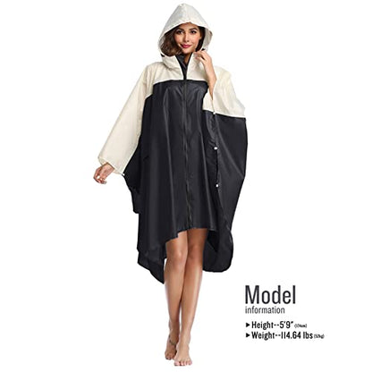 SaphiRose Unisex Rain Poncho Waterproof Raincoat Hooded for Adults Women with Pockets - color: A-black-white