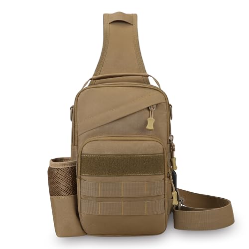 Tactical Sling Bag for Men, Military Outdoor Sports Single Shoulder Backpack with Bottle Holder & Handle, EDC Range Bag Crossbody Chest Pack, Khaki - color: Khaki