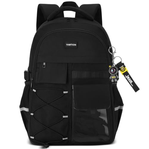 YAMTION Backpack for School Teens Boys and Girls,Black Backpack for Men and Women,College Bookbag with USB Charging Port,Travel Laptop Back Pack for Middle and High School Work - color: Black