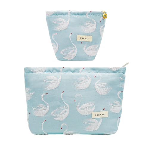 getgto 2 Pcs Makeup Bags, Large Cosmetic Bag Travel Toiletry Bag Organizer for Women, Embroidery Craft, Floral Makeup Bag Small Cosmetic Pouch Purse with Zipper Gifts for Girls Teen - color: Swan