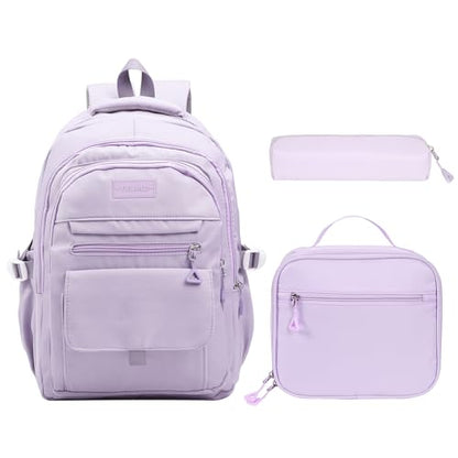 Phaoullzon Teen Girls School Backpack with Lunch Box for Boys, College Aesthetic Laptop Bookbag for Women,Purple - color: Purple