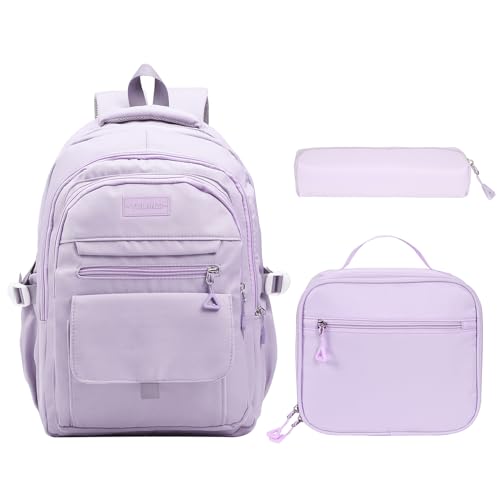 Phaoullzon Teen Girls School Backpack with Lunch Box for Boys, College Aesthetic Laptop Bookbag for Women,Purple - color: Purple