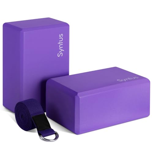Syntus Yoga Block and Yoga Strap Set, Soft Non-Slip Yoga Blocks 9×6×4 inches, 8FT Metal D-Ring Strap for Yoga, General Fitness, Pilates, Stretching and Toning - color: Purple