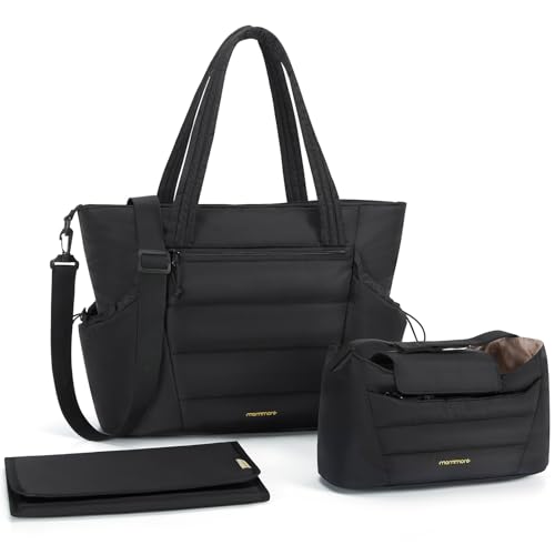 mommore Diaper Bag Tote with Stroller Organizer Puffer Bag Large Capacity Baby Bag with Changing Pad for Travel, Hospital - color: Black