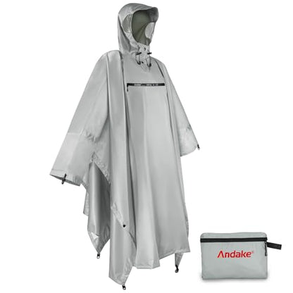 Andake Waterproof Rain Poncho for Adults Unisex,230T Ripstop Polyester,Raincoat Gear with Transparent Viewing Window Outdoors - color: Grey