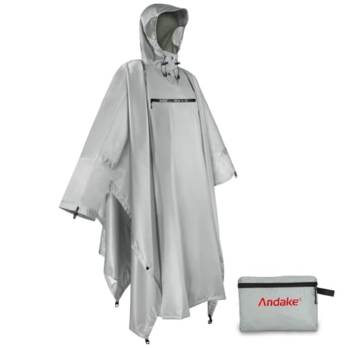 Andake Waterproof Rain Poncho for Adults Unisex,230T Ripstop Polyester,Raincoat Gear with Transparent Viewing Window Outdoors - color: Grey