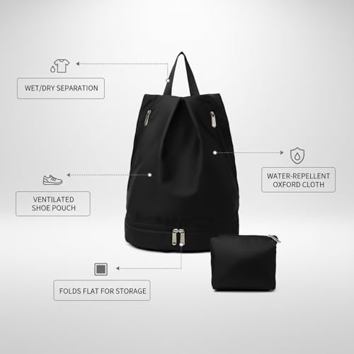 Foldable Gym Backpack with Wet/Dry Separation, Water-Resistant Oxford Sports Bag for Travel & Commute - color: Black