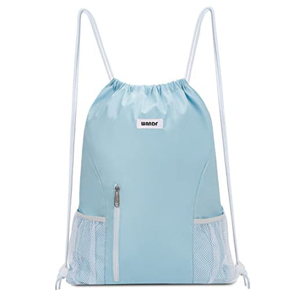 WANDF Drawstring Backpack Sports Gym Sackpack with Mesh Pockets Water Resistant String Bag for Women Men(Light Blue) - color: Light Blue