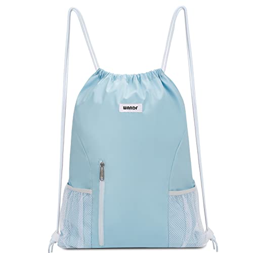 WANDF Drawstring Backpack Sports Gym Sackpack with Mesh Pockets Water Resistant String Bag for Women Men(Light Blue) - color: Light Blue