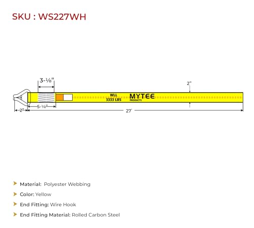 Mytee Products 2" x 27' Winch Straps w/Wire Hook - 3333lbs WLL - Yellow Heavy Duty 2 Inch Cargo Control Tie Down Straps for Flatbed Truck Utility Trailer - color: 1 - Pack, size: 2" x 27'