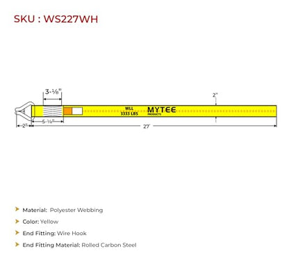 Mytee Products 2" x 27' Winch Straps w/Wire Hook - 3333lbs WLL - Yellow Heavy Duty 2 Inch Cargo Control Tie Down Straps for Flatbed Truck Utility Trailer - color: 1 - Pack, size: 2" x 27'