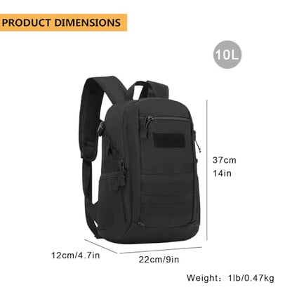 ArcEnCiel 10L/20L Mini X-Small Tactical Backpack MOLLE Daypack Gear Pack Camping Bag with Patch - color: Black, size: 10L