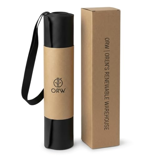 ORW Non Slip Hot Yoga Mat with Carrying Strap - Grip Surface & Natural Rubber Base, REACH Tested, Home & Studio Practice - color: Black PU Rubber Mat 72x26