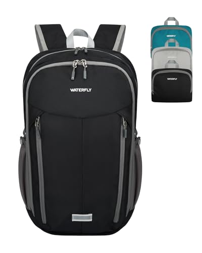 WATERFLY Lightweight Packable Backpack, 25L Small Foldable Travel Daypack | Multi-Pocket with Luggage Strap, Breathable Back Pad, Comfortable to wear, Easy to Fold, Compact Day Pack for Hiking Outdoor - color: Black
