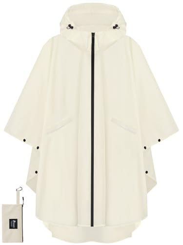 PTEROMY Hooded Rain Poncho for Adult with Pocket and Zipper, Waterproof Lightweight Raincoat for Men and Women - color: Beige