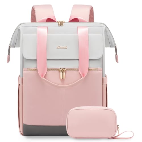 LOVEVOOK Laptop Backpack for Women, 15.6 Inch Work Laptop Bag with USB Port, Fashion Teacher Nurse Backpack Purse, Waterproof Travel Computer Backpack with Organizer Bag, 2PCS, Grey-Pink - color: Grey-pink, size: 15.6 Inch - 2pcs