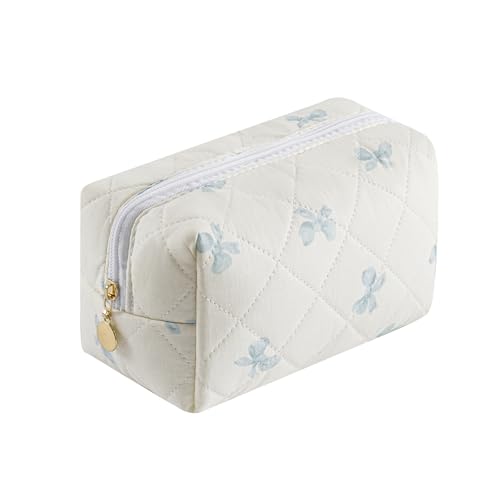 Cute Floral Makeup Bag Small Cotton Quilted Cosmetic Bag, Aesthetic Essential Bag Emergency Bag Gift for Women Girls Travel Accessories (Blue Small Bowknot) - color: A4 Blue Small Bowknot
