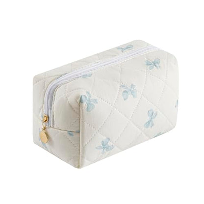 Cute Floral Makeup Bag Small Cotton Quilted Cosmetic Bag, Aesthetic Essential Bag Emergency Bag Gift for Women Girls Travel Accessories (Blue Small Bowknot) - color: A4 Blue Small Bowknot