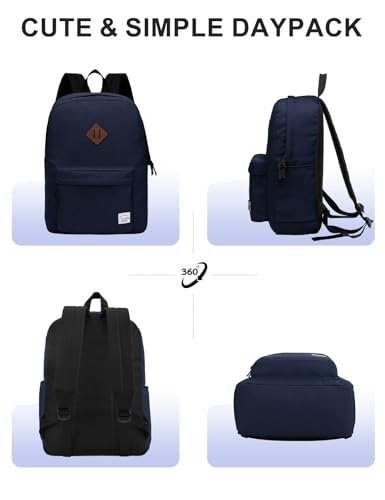 VASCHY Lightweight Backpack for School, Classic Basic Water Resistant Casual Daypack for Travel with Bottle Side Pockets (Navy) - color: Navy Blue