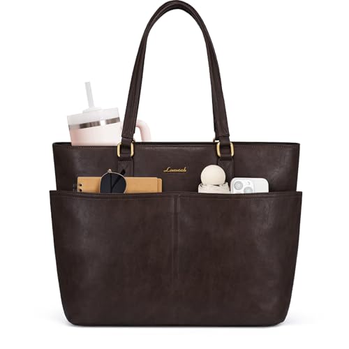 LOVEVOOK Work Tote Bag for Women, Retro Leather 17.3 Inch Laptop Bag with Large Cup Holder, Computer Briefcase Handbag for Teacher, Nurse, and Medical Professionals - color: Dark Brown, size: 17.3 Inch