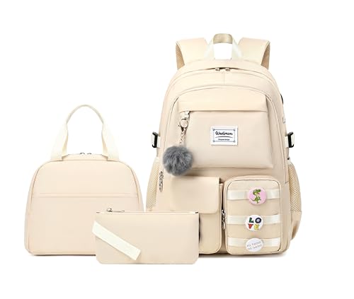 Wadirum Women Casual Backpack Set Girl School Bookbag Set Cute Laptop Ruaksack Beige - color: Beige