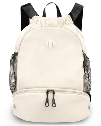 RHDZO Drawstring Backpack with Shoe Compartment and Wet Pocket, Large Beige - color: Large Beige, size: Large