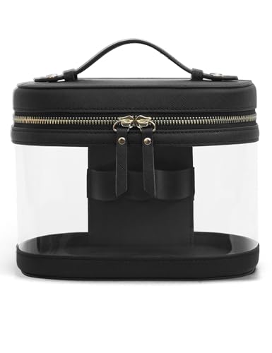 Popvibe Travel Makeup Bag Clear Compact Make Up Vanity Case with Brush Storage and Top Handle, Toiletry Makeup Case Traveling Leather Cosmetic Bag, Portable Medium Large Sized Train Case, Black - color: Black, style: Train Case